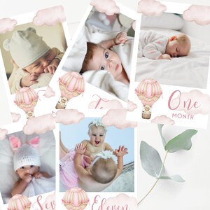 First Birthday Pink Hot Air Balloon Photo Collage 1st Birthday Photo Banner Girl Monthly Milestone Photo Cards Digital Download Template PA