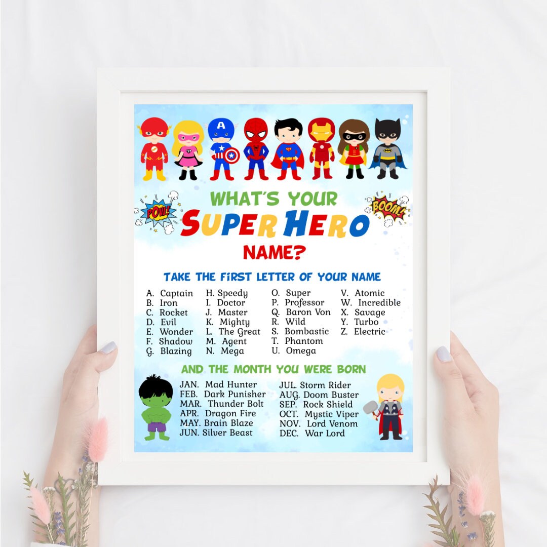  What's Your Superhero Name Game (1 Superhero Theme Sign and 30  Name Tag Stickers), Superhero Game Party Decoration, Birthday Game for  Kids, Family Game-14 : Movies & TV