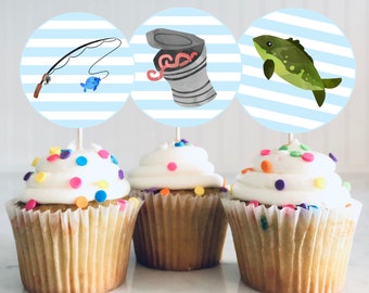 Boys birthday Party cupcake toppers for instant printing. Toppers Fishing cake toppers Cupcake party toppers Birthday party toppers  FBB2