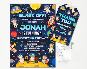Editable Outer Space Birthday Invitation Template Planets Rocket Ship Astronaut Galaxy Blast Off Invitation Editable Invitation - OSP4