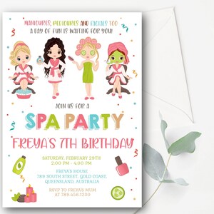 May include: A colourful invitation for a spa party to celebrate a girl's 7th birthday. The invitation features cartoon girls getting spa treatments and the text "Join us for a Spa Party: Freya's 7th Birthday".