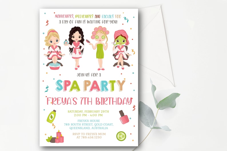 May include: A colourful invitation for a spa party to celebrate a girl's 7th birthday. The invitation features cartoon girls getting spa treatments and the text "Join us for a Spa Party: Freya's 7th Birthday".