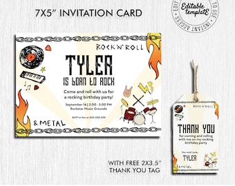 Rock n Roll Birthday Party Photo Invitation with free matching Thank You Tags, Rock Birthday Party, Rock and Roll Invitation Template, Rock