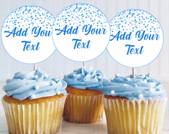 Blue confetti cupcake toppers for instant printing. Editable to any colour you choose, toppers to print at home, Cupcake party toppers,