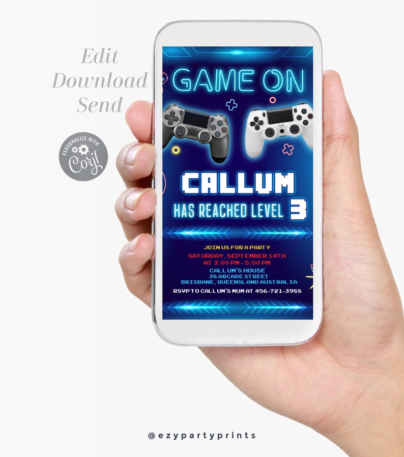 May include: A blue and black digital invitation for a video game party. The invitation features a blue background with a neon green "GAME ON" sign, two video game controllers, and the text "CALLUM HAS REACHED LEVEL 3". The invitation also includes the date, time, and location of the party.