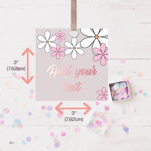 Editable pink daisy gift tags editable in Corjl. Pink retro daisy favor cards Editable tags Personalized thank you tags Printable party tags