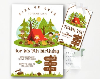 Invitación de cumpleaños de camping editable Camping fiesta invitación patio trasero hoguera camping Smores fiesta caminata en sobre invitación - CBP8