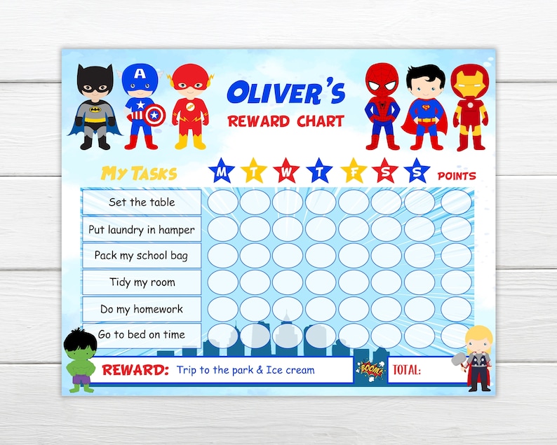 May include: A superhero-themed reward chart for kids with a blue background and a grid of circles for tracking tasks. The chart features images of superheroes like Superman, Batman, Iron Man, and Captain America. The text "OLIVER'S REWARD CHART" is at the top of the chart. The chart includes a list of tasks such as "Set the table", "Put laundry in hamper", "Pack my school bag", "Tidy my room", "Do my homework", and "Go to bed on time". The reward is "Trip to the park & Ice cream".