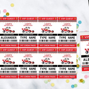 May include: Printable VIP guest pass templates featuring a red race car with black and white checkered flags. The text on the pass reads "VIP Guest", "Liam's 2nd Birthday", "Driver's Name", "Alexander", "Type Name", and "Pit Crew Pass".