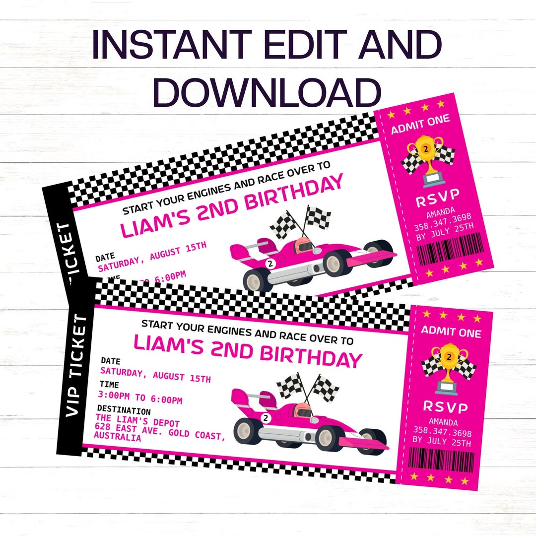 Pink Race Car Birthday Invitation Girls Race Car Ticket Birthday ...