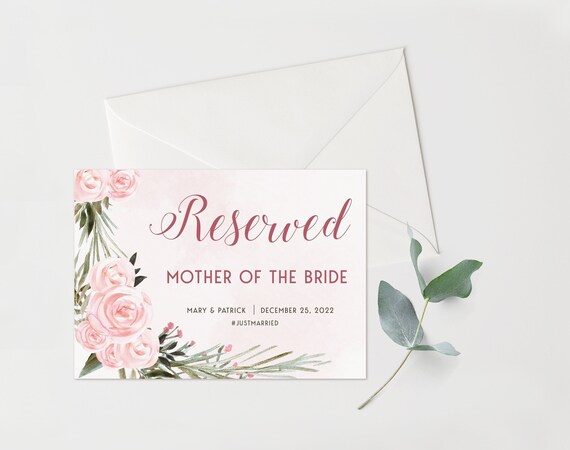 Editable Reserved seat sign, Pink Rose Wedding seating place card ...