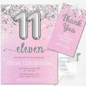11th Birthday Invitation Template Girls Birthday Pink Invitation Editable 11th Birthday Silver Glitter Invitation Instant Download SG1