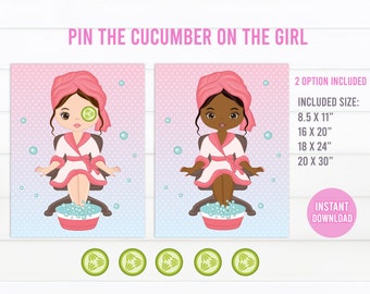 Pin the Cucumber on the Girl game. Instant download  Instant Printable party game. Spa Party birthday party game, spa birthday, spa party