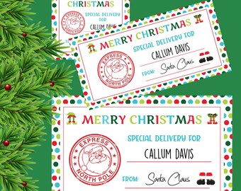 May include: Christmas-themed gift tags with a festive design. The tags feature the text "Merry Christmas" and "Special Delivery For Callum Davis" with an "Express North Pole" stamp and Santa Claus illustration. The tags are decorated with colorful polka dots.