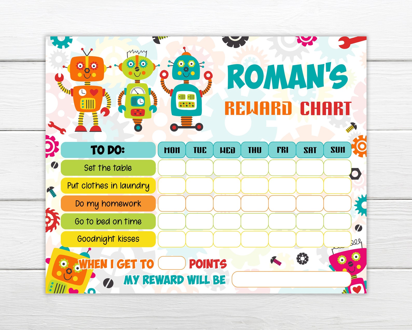 Editable ROBOT Reward Chart Boys chore chart Personalise the | Etsy
