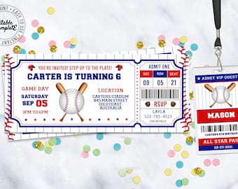 May include: Baseball-themed birthday party invitation with a ticket design. The ticket says "Carter is turning 6" and includes details about the event, including the date, time, and location. A matching lanyard with a baseball design and the name "Mason" is also included.