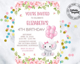Girls Birthday Invitation Elephant Invitation Girls Birthday Party Invitation Pink Birthday Invitation Girls Pink Flowers Invitation