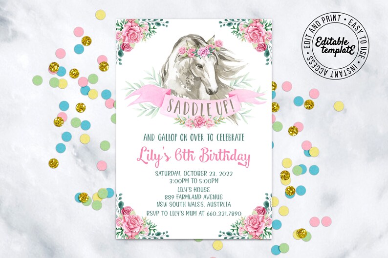 PONY Invitation, Horse birthday Invitation template you can personalize and print yourself using corjl. PONY invitation HBP9 image 2