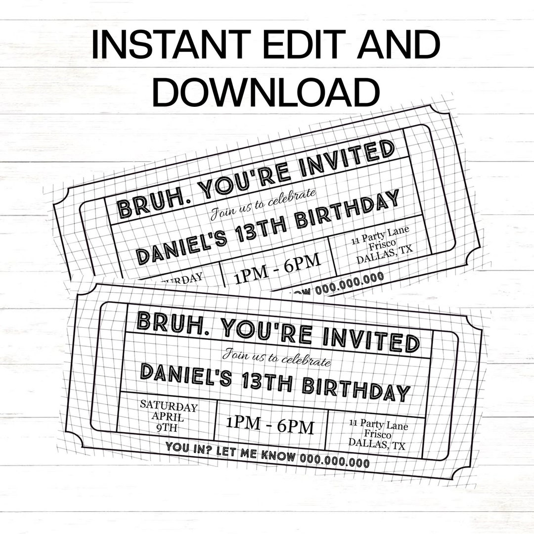 Boys Birthday Invitation Teenage Birthday Invitation Ticket Template Printable Birthday Black ...