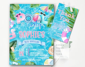 Invitación a fiesta en la piscina Invitación editable para fiesta de natación Invitación para fiesta de cumpleaños en la piscina Invitación para fiesta de cumpleaños tropical Descarga instantánea