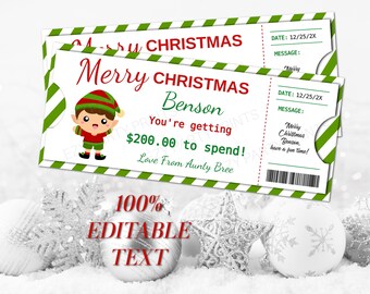May include: Two Christmas gift tickets with green and white striped borders. The tickets read "Merry Christmas" and include an elf graphic. One ticket is personalized for "Benson" with a spending amount of $200.00. The text "100% Editable Text" is also visible.