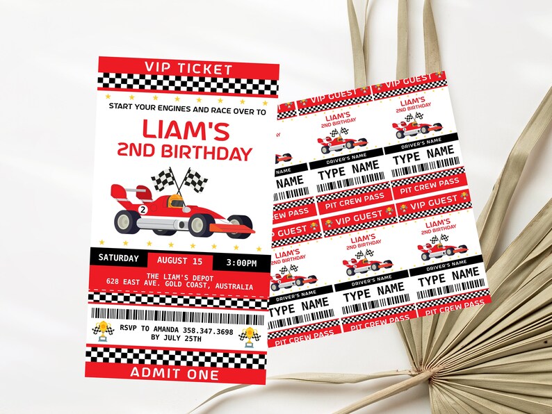 May include: Red and white VIP ticket for Liam's 2nd birthday party. The ticket has a checkered pattern and a cartoon race car. The text on the ticket reads "Start your engines and race over to Liam's 2nd Birthday". The ticket also includes the date, time, and location of the party.
