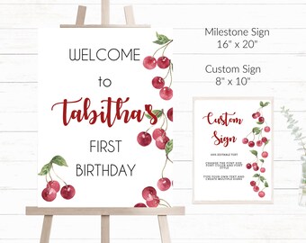 Editable Cherry Birthday Welcome Sign Red Cherries Girl Birthday Decor Cherries First Birthday Custom Sign 1st Birthday Party Welcome C5