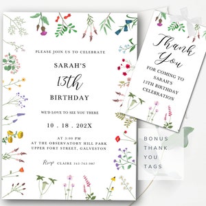 Wildflower Invitation Template Flower Birthday Editable Wildflower Evite First Wildflower Birthday Invitation Meadow Flowers Thank You Tags