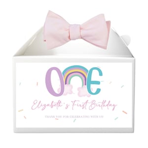 Editierbare Regenbogen Geburtstag Giebel Geschenk Box Label ersten Geburtstag Label 1. Geburtstag Dekor Mädchen ersten Geburtstag Favor Label Instant Download P2