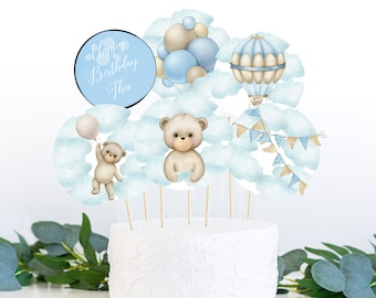 Blue Birthday Cake Topper Teddy Bear Birthday Decor Blue Balloon Party Decor Blue Cookie Toppers Blue Cupcake Toppers Boys Blue Party BA