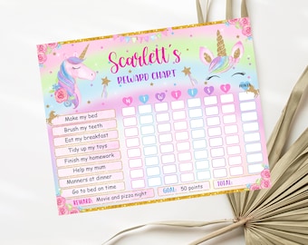 May include: A pink and blue unicorn-themed reward chart with a gold glitter border. The chart has a space for each day of the week and a list of chores to complete, such as "Make my bed" and "Brush my teeth". The reward for completing the chores is "Movie and pizza night".