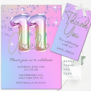 Girls 11th Birthday Invitation Editable Glitter Birthday Invitation Editable Girls Eleventh Birthday Invitation Instant download Pastel GPG