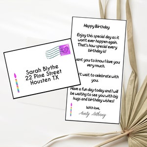 Mini carta de cumpleaños con sobre imprimible, sobre pequeño de cumpleaños editable, pequeños deseos de cumpleaños, carta para lonchera, nota, descarga instantánea