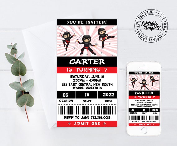 Ninja invitation (3 skin tones included) + FREE ID badges, Editable Ninja Invitation you personalise, download and print or send as a text. Il_570xn
