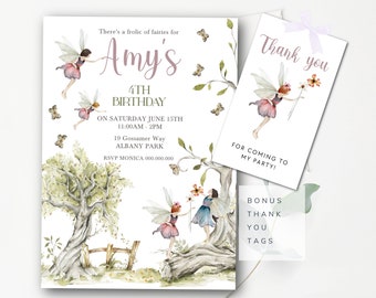 May include: A printable invitation for a 4th birthday party with a fairy theme. The invitation features a whimsical illustration of fairies in a forest setting with a tree, flowers, and butterflies. The text on the invitation reads "There's a frolic of fairies for Amy's 4th Birthday on Saturday June 15th 11:00AM - 2PM 19 Gossamer Way ALBANY PARK RSVP MONICA 000.000.000".