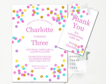 Plantilla de invitación de cumpleaños con confeti y puntos de colores (descarga digital)