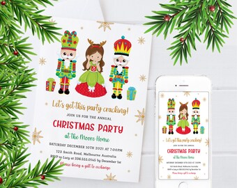 May include: A Christmas party invitation with a festive design. The invitation features illustrations of nutcrackers and a girl in a green and red dress. The text reads "Christmas Party at the Moore Home" with event details.
