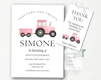 Girls Tractor Invitation Editable Tractor Birthday Invitation Girl Pink Farm Invitation Tractor Thank You Included INSTANT DOWNLOAD