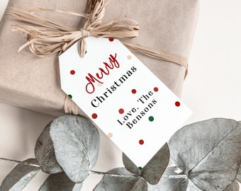Editable Christmas Gift Tags you can print at home! Editable Christmas Favor Cards Hang Tags Printable Xmas Tags Red and Green Dots Tags