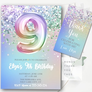 Girls 9th Birthday Invitation Glitter Birthday Invitation Editable Girls Ninth Birthday Invitation Instant download Nine Rainbow Invite GP2