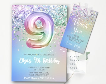 Girls 9th Birthday Invitation Glitter Birthday Invitation Editable Girls Ninth Birthday Invitation Instant download Nine Rainbow Invite GP2