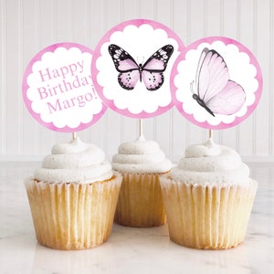 Butterfly Cake Decor Pink Butterfly Cupcake Toppers Butterfly Cookie Labels Pink Butterflies Birthday Party Girls Butterfly Party Theme BF1