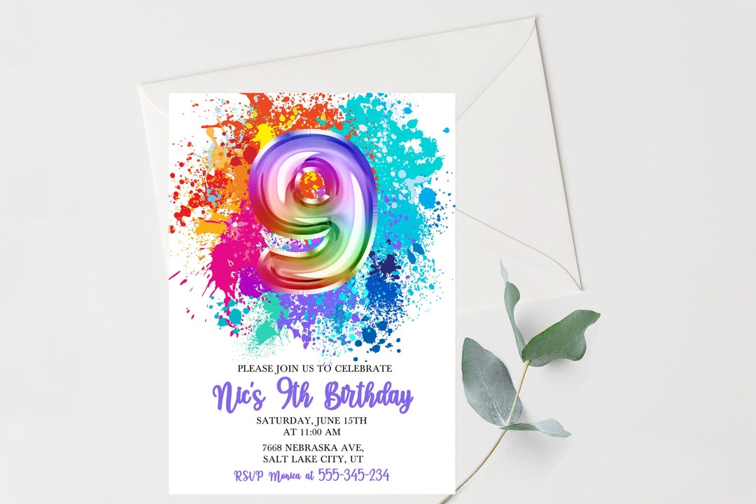 Buy Editable 9th Birthday Boys Invitation Rainbow Paint Splash Online ...
