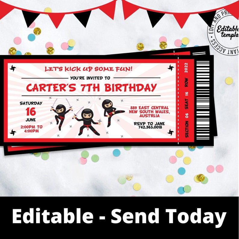 Op de afbeelding: Een rode en zwarte ticketuitnodiging voor een 7e verjaardagsfeest. De uitnodiging toont een cartoon-ninja en de tekst "Let's kick up some fun! You're invited to Carter's 7th Birthday".