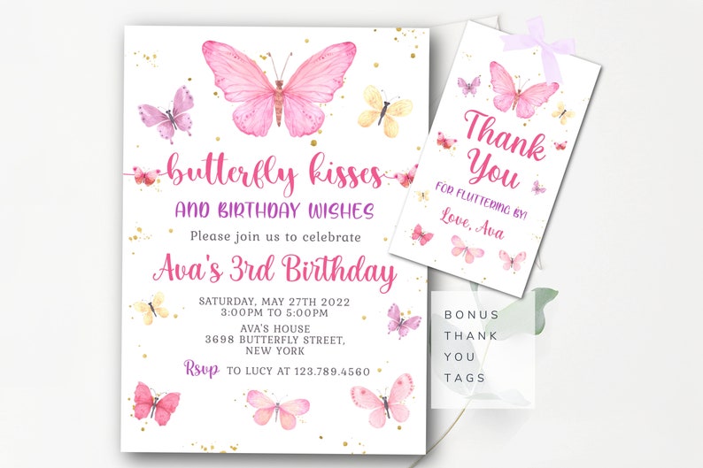 May include: Pink and white butterfly birthday invitation with gold glitter. The invitation says "butterfly kisses and birthday wishes" and "Ava's 3rd Birthday". It includes the date, time, and location of the party. The invitation also includes a thank you tag with butterflies and the text "Thank You for fluttering by Love, Ava".