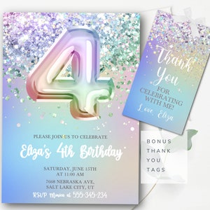 Modèle d'invitation modifiable pour le 4e anniversaire Invitation d'anniversaire scintillante Modèle d'invitation pour filles modifiable à téléchargement immédiat Quatrième GP2