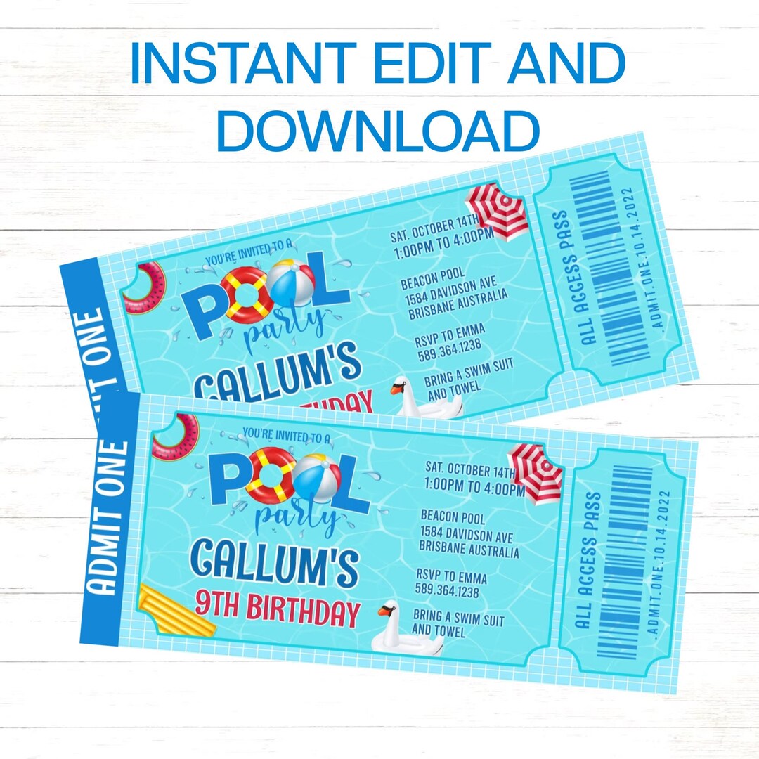 Pool Party Ticket Invitation, Print And/or Send as a Text, Pool Party