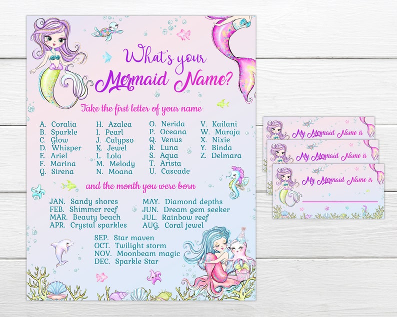 May include: A printable mermaid name generator with a pink and blue background. The text reads "What's your Mermaid Name?" and includes instructions to take the first letter of your name and the month you were born. The printable includes a list of mermaid names for each letter of the alphabet and a list of mermaid names for each month of the year. There are three blank lines with the text "My Mermaid Name is" for writing in the name.