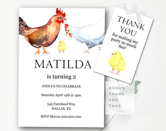 May include: A printable invitation for a child's second birthday party. The invitation features a watercolor illustration of a rooster, hen, and chick. The text on the invitation reads "Matilda is turning 2" and includes details about the party, including the date, time, and location. The invitation also includes a bonus thank you tag with a chick illustration.