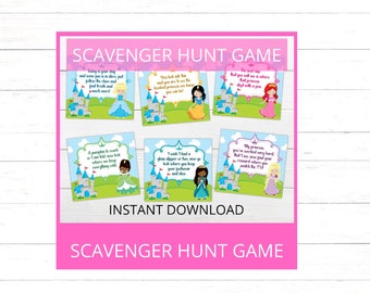 Könnte beinhalten: Ein druckbares Schnitzeljagd-Spiel für eine Prinzessinnen-Party. Die Karten zeigen Illustrationen von Prinzessinnen und Schlössern mit Anweisungen für jeden Hinweis. Der Text auf den Karten enthält Sätze wie "Du siehst in diesem groß aus" und "Meine Prinzessin, du hast sehr hart gearbeitet".